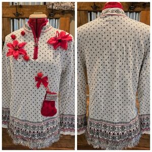 Fair Isle Upcycled Christmas Top 1/4 Zip Sz M poinsettia Tinsel Stocking